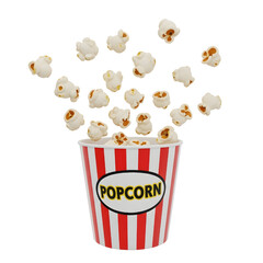 3d Classic popcorn bucket with flying kernels isolated on white