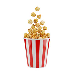 3d Classic popcorn bucket with flying kernels isolated on white