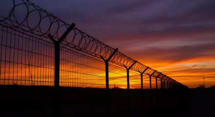 Fototapeta premium Sunset glow shining behind tall barbed wire security fence