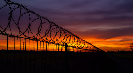Obraz premium Barbed wire fence stretching into horizon under sunset sky