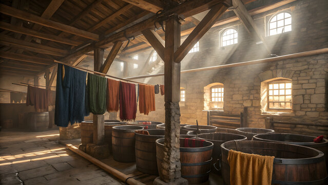 A rustic, old-world leather tannery interior with large wooden beams, stone walls, and warm ambient light filtering through dusty windows