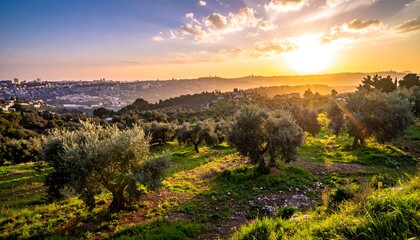 Naklejka premium Panoramic view of olive groves at sunset over a city