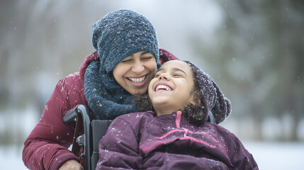 Happy candid mixed race mother and disabled child in a wheelchair spending time together in a park playground in the snow. Supportive inclusive family with handicapped children. Inclusion & diversity