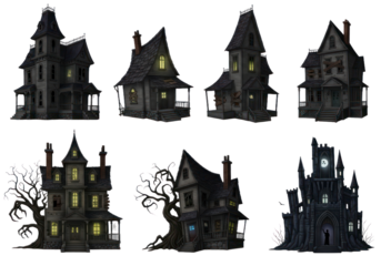 A collection of gothic, spooky, and detailed haunted houses and a clock tower, set against a Transparent background, highlighting the aged and eerie architecture.