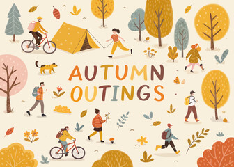 Illustration of people enjoying outdoor activities like biking camping and walking during autumn season days