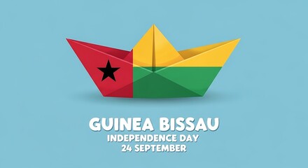 Naklejka premium Guinea-Bissau Independence Day: Paper Boat Flag on Blue Textured Background