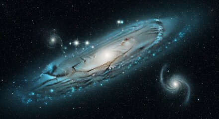 Vast cosmic landscape showcasing a spiral galaxy with a companion galaxy