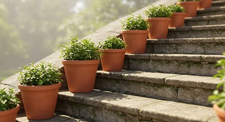 Potted Green Plants on Stone Steps in Sunny Garden Setting