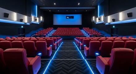 Empty modern cinema theater auditorium rows with glowing blue lights and large screen