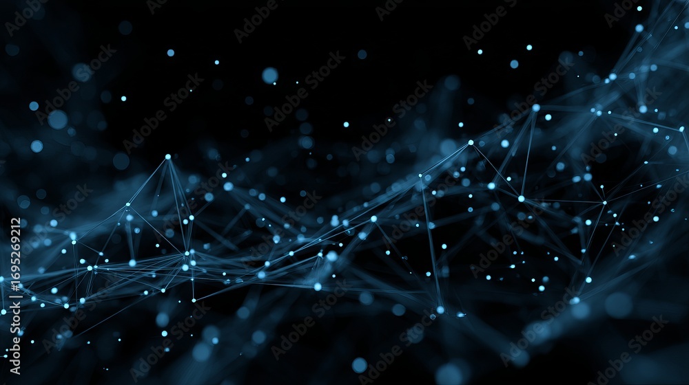 Poster dynamic abstract network of glowing blue nodes and lines on dark background
