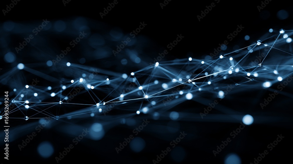 Poster dynamic glowing network of connected nodes and lines against dark background, abstract technology co