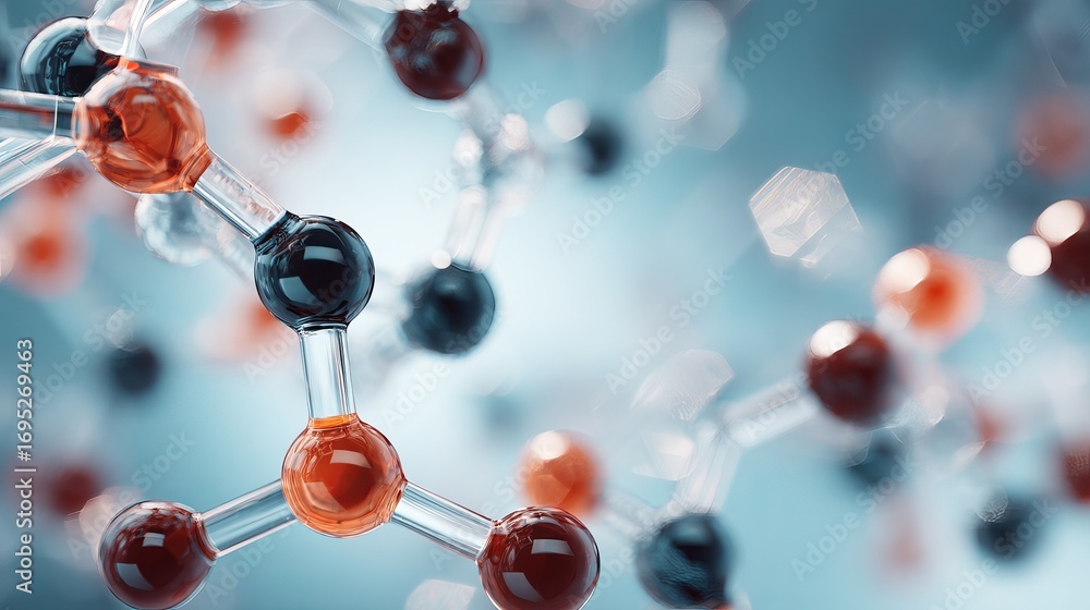 Poster intricate molecular structure with vibrant atoms and glowing bokeh effects, representing science and