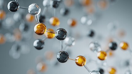 Abstract molecular structure with glowing spheres, representing science, innovation, and complex data connections.