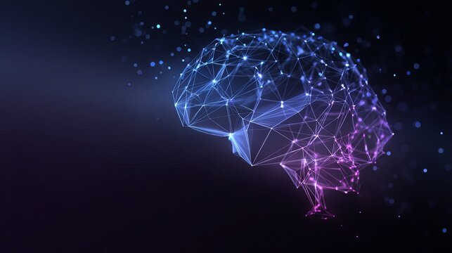 Stunning digital brain network pulsing with vibrant blue and purple light, symbolizing AI and innovation.