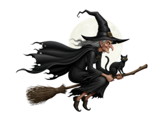 A wicked witch soars through the night sky, atop a broomstick, with her faithful black cat by her side.