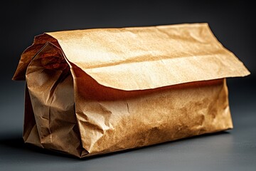 A close-up of a brown paper bag, likely for food.  The bag is crinkled and slightly folded, with the top portion overlapping the bottom.  It sits on a dark gray surface