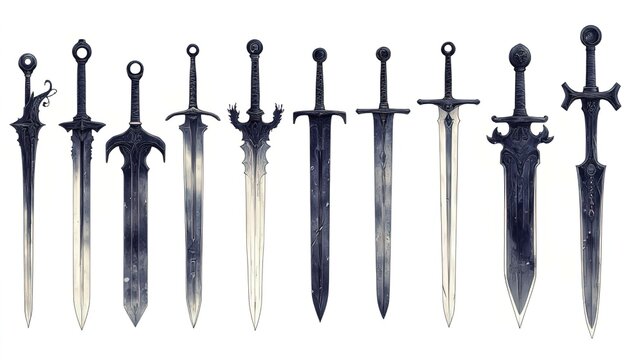 Collection of Fantasy Medieval Swords with Ornate Hilts and Blades 