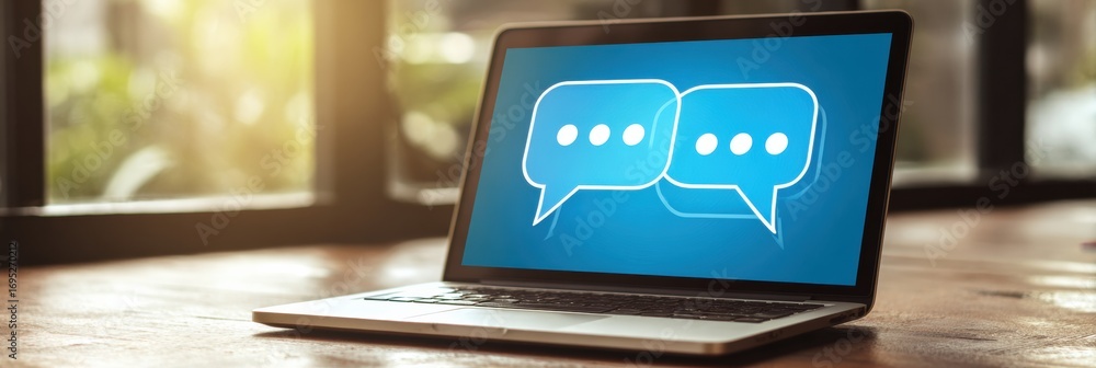 Poster laptop displaying messaging interface with chat bubbles in a bright indoor setting