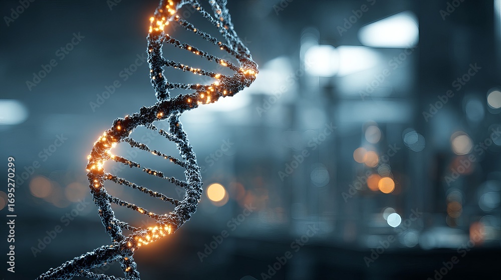 Poster dynamic glowing dna strand with blurred background, representing science and future