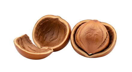 Detailed View of a Split Hazelnut Shell with Its Kernel on a Brown Background