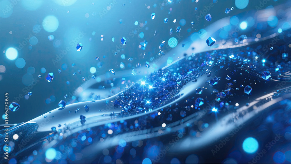 Poster dynamic blue abstract background featuring sparkling particles, glowing light effects, and geometric
