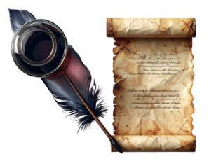 Ornamental Feather Quill with Ink Pot and Scroll PNG