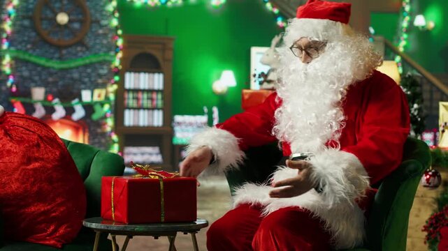 Amazed Santa Claus surprised to find gift box for him in cozy Christmas decorated room. Elderly man playing Santa Claus astonished after finding present on table, Christmas miracle concept, camera A