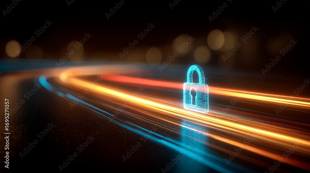 Poster digital security concept with glowing padlock and data streams representing protection.