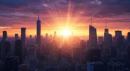 Naklejka premium Manhattan Sunrise: A Majestic Cityscape in Warm Light