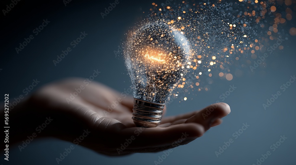 Poster Hand cradling glowing light bulb with exploding particles representing brilliant new ideas