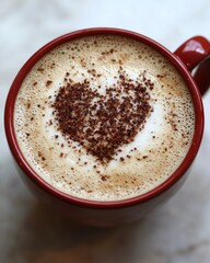 A close-up of a hot beverage in a red mug.  A heart shape is crafted from cocoa powder on top of the frothy milk