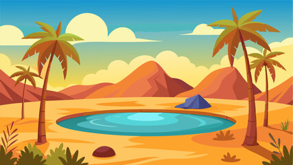 Obraz premium A stunning oasis oasis emerges from the desert landscape with a serene pond at its center and a canopy of palm trees providing muchneeded shade from the scorching sun.