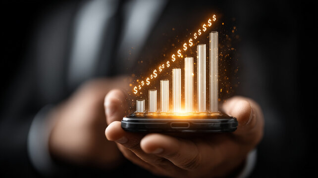 Hand holding glowing bar chart hologram business growth digital technology innovation concept