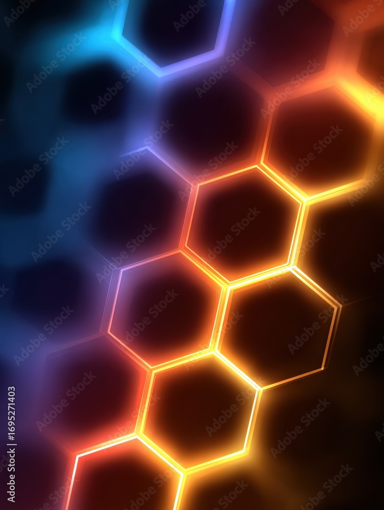 Poster colorful hexagonal pattern with glowing edges creating an abstract design suitable for backgrounds o