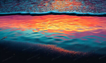 Vibrant Sunset Reflection on Wet Sand

