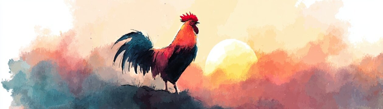 A vibrant watercolor painting of a proud rooster standing against a colorful sunrise backdrop.