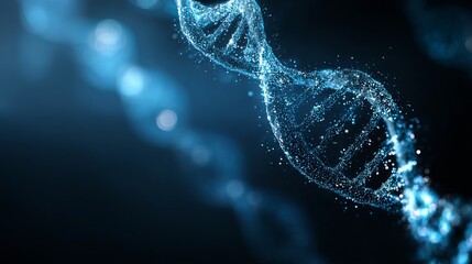 Captivating glowing blue DNA helix structure emerging from darkness, symbolizing life and science