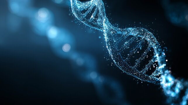 Captivating glowing blue DNA helix structure emerging from darkness, symbolizing life and science