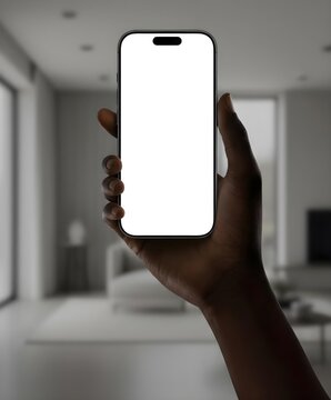 Hand holding Apple iPhone 17 Pro with blank white screen in a modern living room, perfect smartphone mockup for apps, UI design, or product presentation.