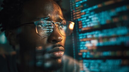 Focused programmer intently analyzing complex code on futuristic digital display at night