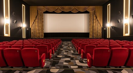 Empty vintage cinema auditorium with red seats and large screen ready for movie showing