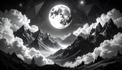 Nighttime mountain vista, moonlit clouds