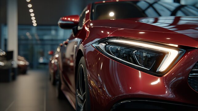 Sleek Red Car in Showroom Displaying Modern Design and Technological Advancements Elegantly.