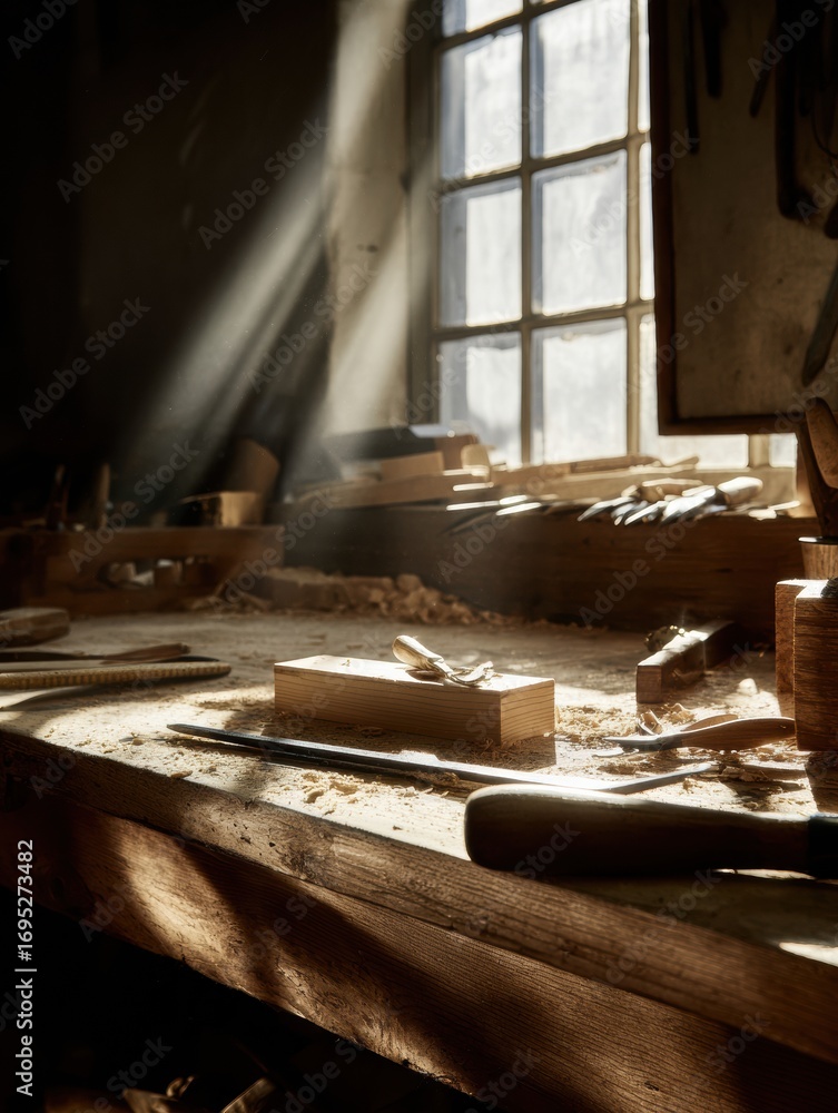 Poster Sunlight Streaming Through a Window Highlights a Woodworking Bench Filled With Tools and Shavings in a Rustic Workshop Setting