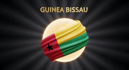 Guinea-Bissau Flag Draped Over Glowing Orb, Dark Background, Patriotic Design.