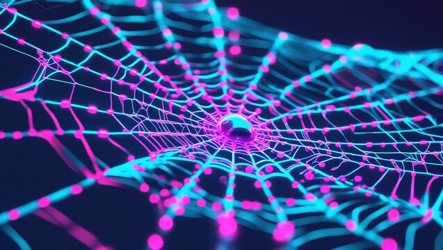 Glowing Cobweb with Droplet Highlighted in Cyberpunk Style