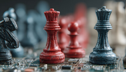 Chess game with red blue team pieces on circuit boar. Cybersecurity breach simlation concept. Strategy dgital attack threat protecion. IT security informatin technology.