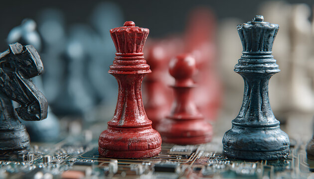 Chess game with red blue team pieces on circuit boar. Cybersecurity breach simlation concept. Strategy dgital attack threat protecion. IT security informatin technology.