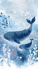 A serene underwater scene featuring two whales swimming amidst blue-toned water and aquatic plants, creating a peaceful marine atmosphere.