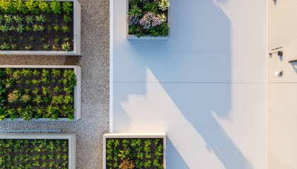 Aerial View of Modern Rooftop Garden with Concrete Planters and White Tiles